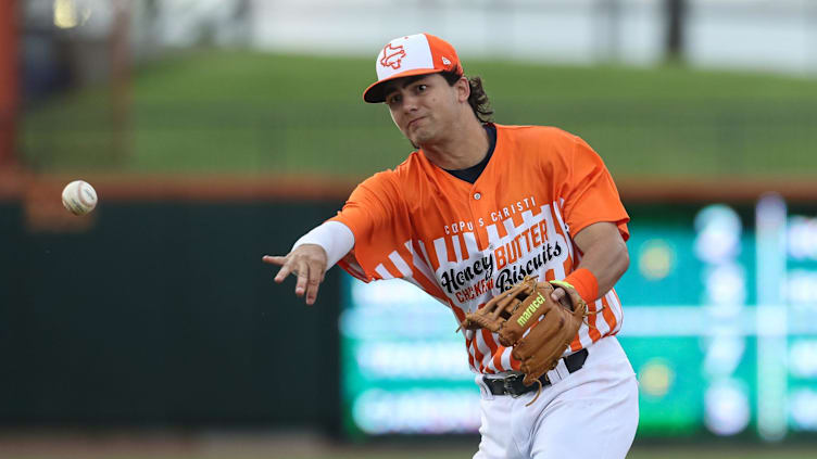 Hooks second baseman Joey Loperfido throws to first at Whataburger Field on Wednesday, May 3, 2023,