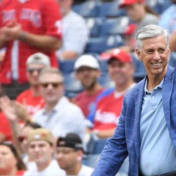 Aug 18, 2024; Philadelphia, Pennsylvania, USA; Former Philadelphia Phillies president Dave Dombrowski during Phillies Alumni Weekend and the 20th anniversary of Citizens Bank Park before game against the Washington Nationals at Citizens Bank Park. 
