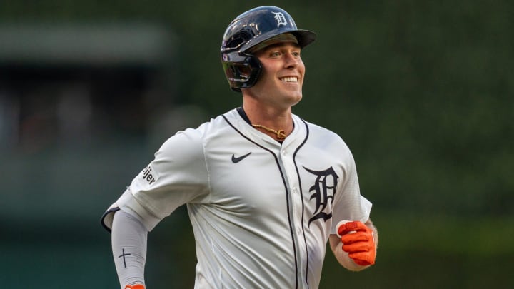 Detroit Tigers Kerry Carpenter (30) smiles after hitting a home run against the Seattle Mariners at Comerica Park in Detroit on Tuesday, Aug. 13, 2024.