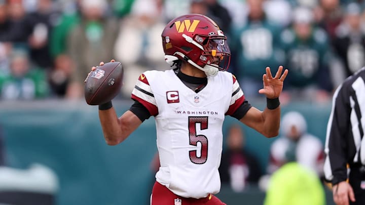 Washington Commanders quarterback Jayden Daniels looks to pass the ball against the Philadelphia Eagles. Washington Commanders quarterback Jayden Daniels looks to pass the ball against the Philadelphia Eagles.