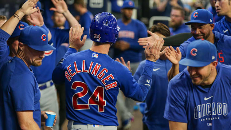 Sep 26, 2023; Atlanta, Georgia, USA; Chicago Cubs first baseman Cody Bellinger (24) celebrates with