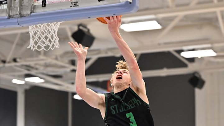 St. Joseph junior guard Gunner Morinini isn't just a 3-point bomber, going in four two of his 14 points in win over Salesian.  The Knights are in the semifinals of the Central Section Division 1 playoffs. 