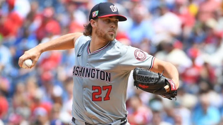 Aug 18, 2024; Philadelphia, Pennsylvania, USA; Washington Nationals pitcher Jake Irvin (27) throws a pitch during the first inning against the Philadelphia Phillies at Citizens Bank Park.