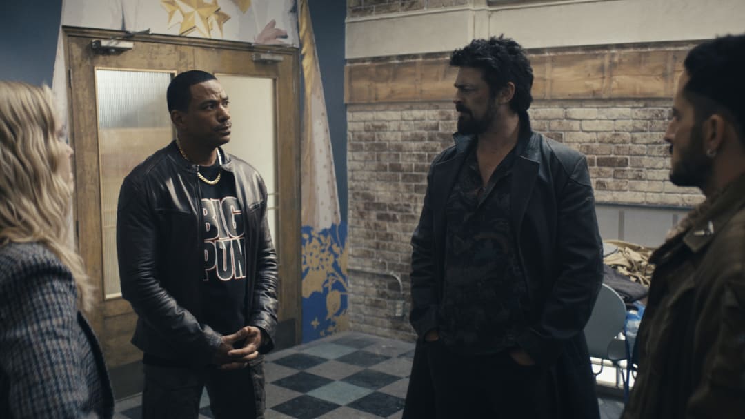 Erin Moriarty (Annie January aka Starlight), Laz Alonso (Mother's Milk), Karl Urban (Billy Butcher), Tomer Capone (Frenchie) in The Boys season 4 - Credit: Prime Video