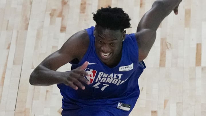 May 12, 2026; Chicago, IL, USA; AJ Dybantsa participates in the 2026 NBA Draft Combine at Wintrust Arena. Mandatory Credit: David Banks-Imagn Images