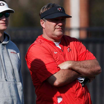 Georgia coach Kirby Smart looks on during spring practice in Athens, Ga., on Thursday, March 14, 2024.