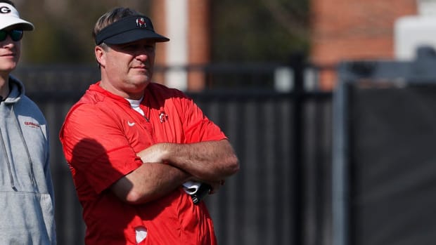 Georgia coach Kirby Smart looks on during spring practice in Athens, Ga., on Thursday, March 14,
