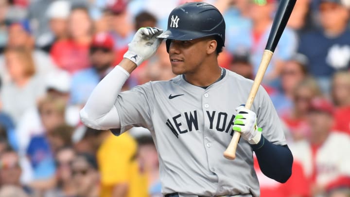 Jul 29, 2024; Philadelphia, Pennsylvania, USA; New York Yankees outfielder Juan Soto (22) at bat against the Philadelphia Phillies at Citizens Bank Park.