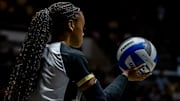 Purdue Redshirt Sophomore Rachel Williams (1) focuses prior to a serve 