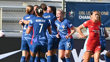Sep 1, 2024; Cary, North Carolina, USA;  Kansas City Current celebrate scoring a goal by forward Temwa Chawinga (6) during the second half against the North Carolina Courage at WakeMed Soccer Park. Mandatory Credit: Rob Kinnan-USA TODAY Sports