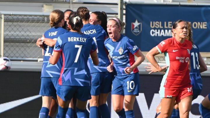 Sep 1, 2024; Cary, North Carolina, USA;  Kansas City Current celebrate scoring a goal by forward Temwa Chawinga (6) during the second half against the North Carolina Courage at WakeMed Soccer Park. Mandatory Credit: Rob Kinnan-USA TODAY Sports