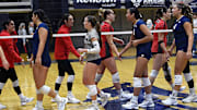 The Nevada volleyball team shakes hands with UNLV after falling to the Rebels 3-1 at the Old Virginia St. Gym in Reno on Nov. 16, 2024.