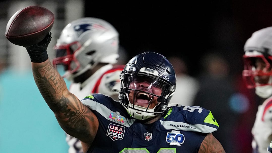 Feb 8, 2026; Santa Clara, CA, USA; Seattle Seahawks defensive tackle Byron Murphy II (91) reacts after a fumble against New England Patriots during the third quarter in Super Bowl LX at Levi's Stadium.