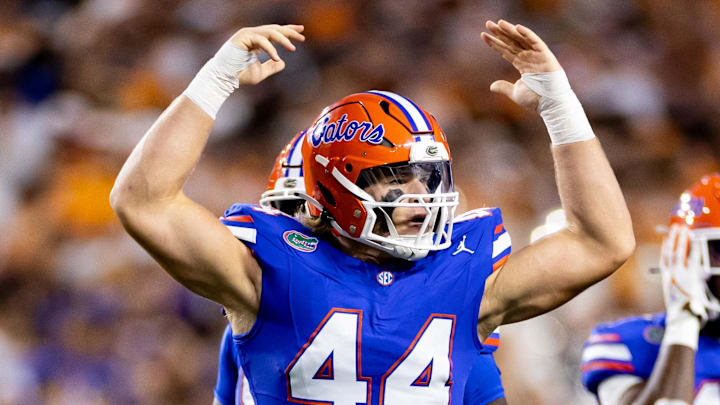 Sep 16, 2023; Gainesville, Florida, USA; Florida Gators defensive end Jack Pyburn (44) gestures to the crowd during the first half against the Tennessee Volunteers at Ben Hill Griffin Stadium. Mandatory Credit: Matt Pendleton-Imagn Images