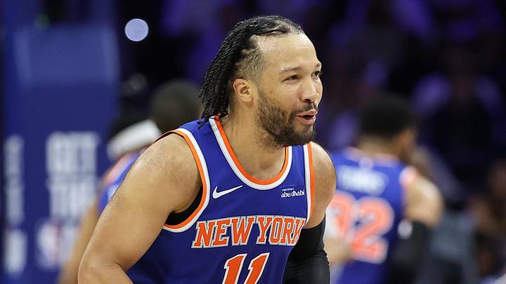 May 8, 2026; Philadelphia, Pennsylvania, USA; New York Knicks guard Jalen Brunson (11) reacts after a missed shot against the Philadelphia 76ers during the fourth quarter of game three of the second round of the 2026 NBA Playoffs at Xfinity Mobile Arena. Mandatory Credit: Bill Streicher-Imagn Images