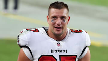 Oct 18, 2020; Tampa, Florida, USA; Tampa Bay Buccaneers tight end Rob Gronkowski after defeating the Green Bay Packers in a NFL game at Raymond James Stadium. Mandatory Credit: Kim Klement-Imagn Images