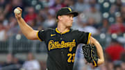 Sep 26, 2025; Cumberland, Georgia, USA; Pittsburgh Pirates pitcher Mitch Keller (23) pitches the ball against the Atlanta Braves during the first inning at Truist Park. Mandatory Credit: Jordan Godfree-Imagn Images