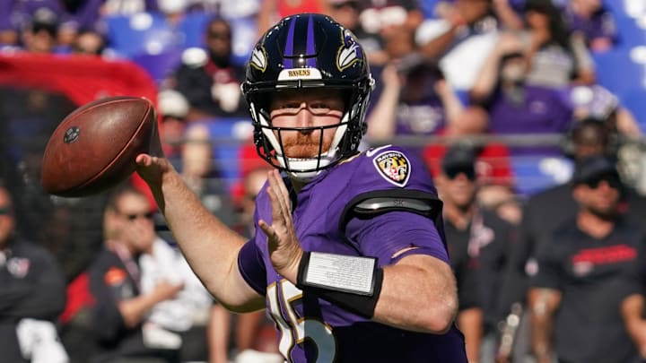 Oct 5, 2025; Baltimore, Maryland, USA; Baltimore Ravens quarterback Cooper Rush (15) throws downfield during the fourth quarter against the Houston Texans at M&T Bank Stadium. Mandatory Credit: Mitch Stringer-Imagn Images Oct 5, 2025; Baltimore, Maryland, USA; Baltimore Ravens quarterback Cooper Rush (15) throws downfield during the fourth quarter against the Houston Texans at M&T Bank Stadium. Mandatory Credit: Mitch Stringer-Imagn Images