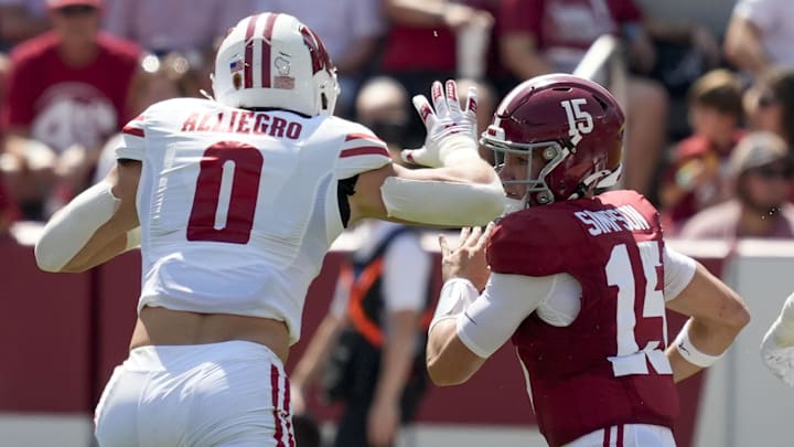 Sep 13, 2025; Tuscaloosa, Alabama, USA; Wisconsin linebacker Christian Alliegro (0) pressures and sacks Alabama quarterback Ty Simpson (15) at Saban Field at Bryant-Denny Stadium. Sep 13, 2025; Tuscaloosa, Alabama, USA; Wisconsin linebacker Christian Alliegro (0) pressures and sacks Alabama quarterback Ty Simpson (15) at Saban Field at Bryant-Denny Stadium.