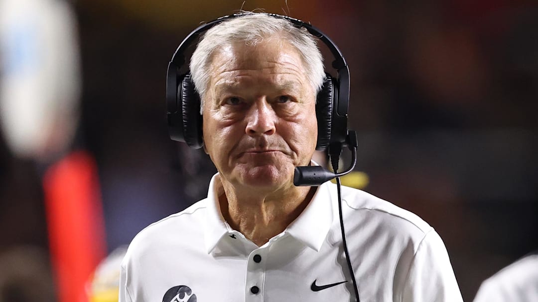 Sep 19, 2025; Piscataway, New Jersey, USA;  Iowa Hawkeyes head coach Kirk Ferentz looks on during the second half against the Rutgers Scarlet Knights at SHI Stadium. Mandatory Credit: Vincent Carchietta-Imagn Images