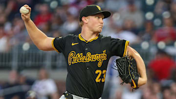 Sep 26, 2025; Cumberland, Georgia, USA; Pittsburgh Pirates pitcher Mitch Keller (23) pitches the ball against the Atlanta Braves during the first inning at Truist Park. Mandatory Credit: Jordan Godfree-Imagn Images