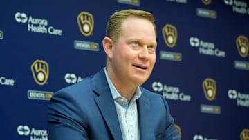 Senior Vice President and General Manager Matt Arnold speaks during an an end of season press conference at American Family Field in Milwaukee on Tuesday, Oct. 10, 2023.