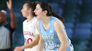 Nov 25, 2024; Paradise Island, Bahamas, BHS; North Carolina Tar Heels guard Lanie Grant (0) reacts after scoring during the first half against the Indiana Hoosiers at the Atlantis Resort. Mandatory Credit: Kevin Jairaj-Imagn Images