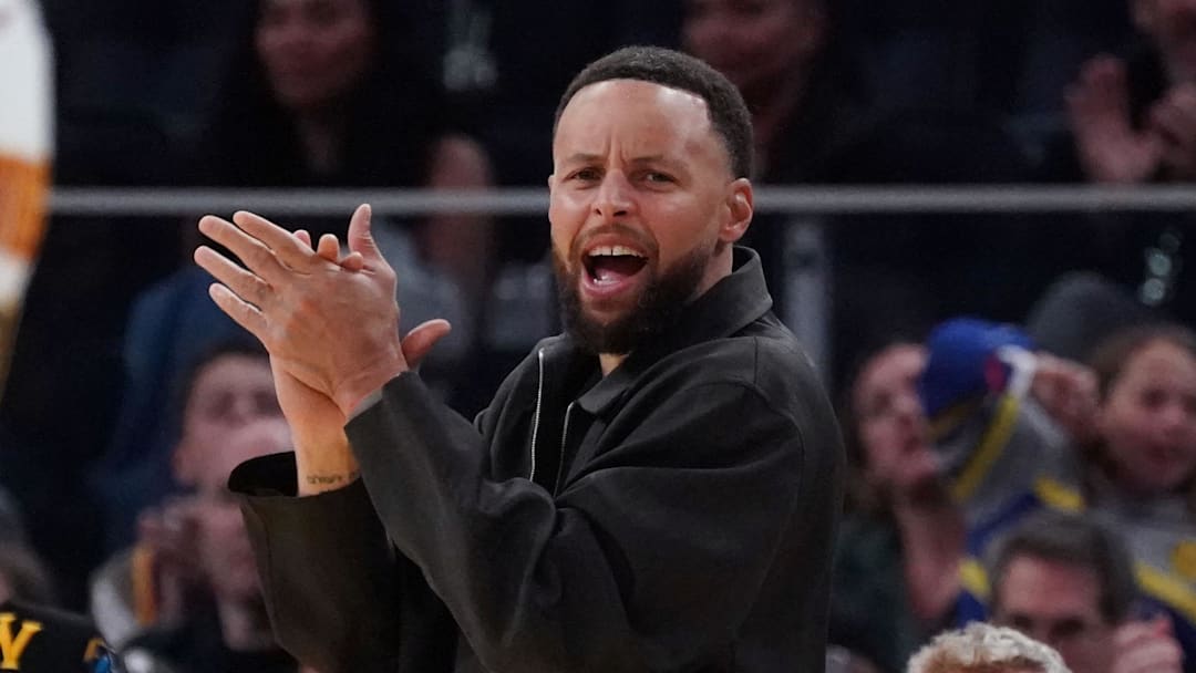 Feb 22, 2026; San Francisco, California, USA; Golden State Warriors guard Stephen Curry (30) cheers from the bench during a game against the Denver Nuggets in the third quarter at Chase Center. Mandatory Credit: David Gonzales-Imagn Images Feb 22, 2026; San Francisco, California, USA; Golden State Warriors guard Stephen Curry (30) cheers from the bench during a game against the Denver Nuggets in the third quarter at Chase Center. Mandatory Credit: David Gonzales-Imagn Images