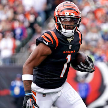 Cincinnati Bengals wide receiver Ja'Marr Chase (1) turns downfield after completing a catch in the first quarter during an NFL football game between the Seattle Seahawks and the Cincinnati Bengals Sunday, Oct. 15, 2023, at Paycor Stadium in Cincinnati.