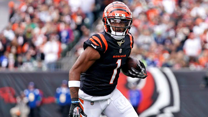 Cincinnati Bengals wide receiver Ja'Marr Chase (1) turns downfield after completing a catch in the first quarter during an NFL football game between the Seattle Seahawks and the Cincinnati Bengals Sunday, Oct. 15, 2023, at Paycor Stadium in Cincinnati.