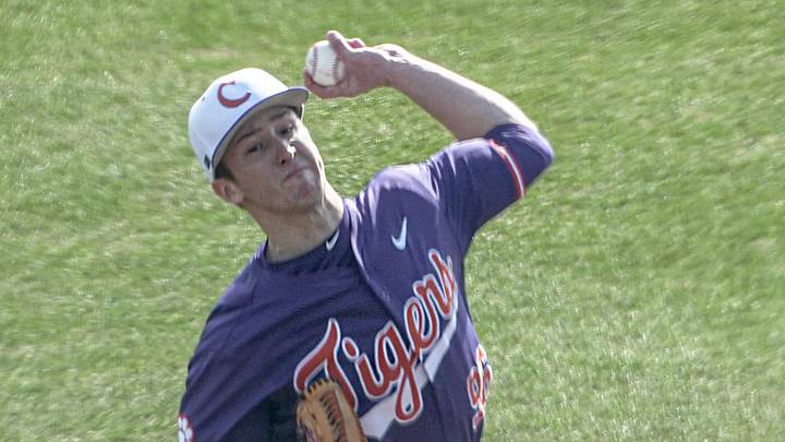 during the top of the first inning at Doug Kingsmore Stadium in Clemson, S.C. Saturday, Feb 14, 2026.