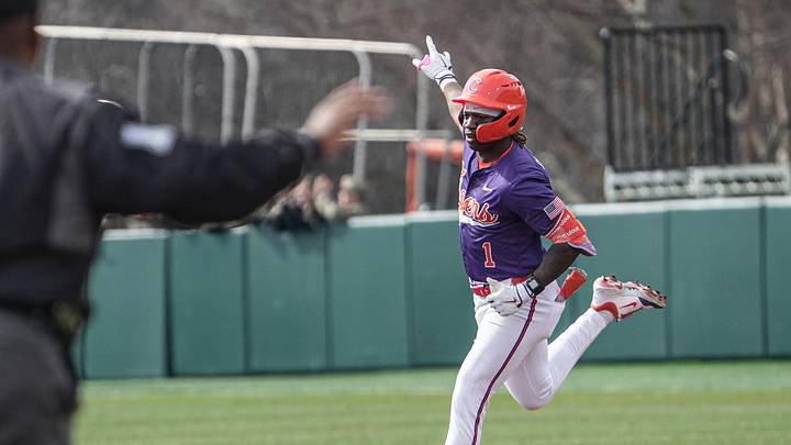 Clemson outfielder Bryce Clavon (1) reacts after hitting a home run against Army West Point during the bottom of the sixth inning at Doug Kingsmore Stadium in Clemson, S.C. Saturday, Feb 14, 2026.
