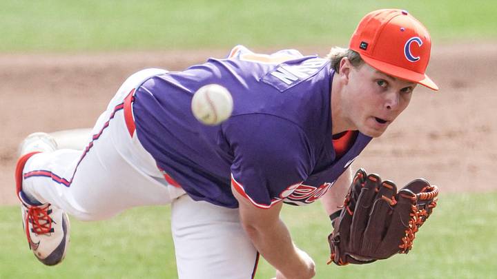 Clemson pitcher Hayden Simmerson (12) pitches to Army West Point during the top of the eighth inning at Doug Kingsmore Stadium in Clemson, S.C. Saturday, Feb 14, 2026.