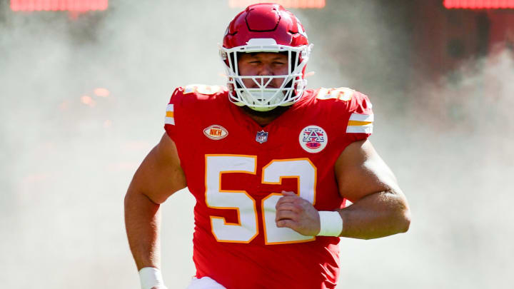 Sep 24, 2023; Kansas City, Missouri, USA; Kansas City Chiefs center Creed Humphrey (52) takes the field prior to a game against the Chicago Bears at GEHA Field at Arrowhead Stadium. Mandatory Credit: Jay Biggerstaff-USA TODAY Sports