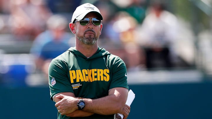 Green Bay Packers Head Coach Matt LaFleur watches practice during the sixth day of training camp on July 29, 2025, at Ray Nitschke Field in Ashwaubenon, Wis.