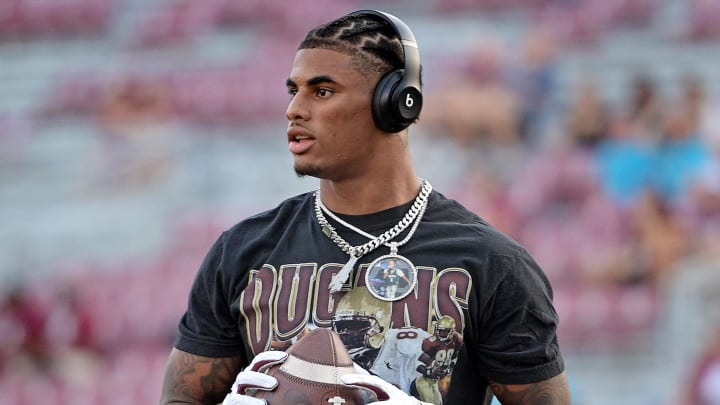 Oct 21, 2023; Tallahassee, Florida, USA; Florida State Seminoles wide receiver Keon Coleman (4) warms up before a game against the Duke Blue Devils at Doak S. Campbell Stadium. Mandatory Credit: Melina Myers-USA TODAY Sports