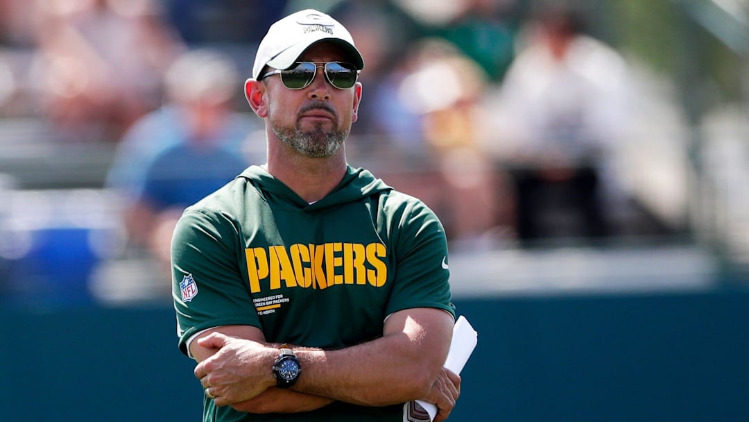 Green Bay Packers Head Coach Matt LaFleur watches practice during the sixth day of training camp on July 29, 2025, at Ray Nitschke Field in Ashwaubenon, Wis.