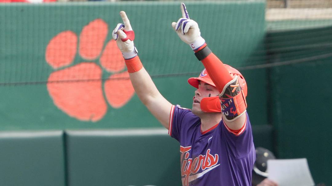 Clemson catcher Nate Savoie hits a home run against Army West Point during the bottom of the third inning