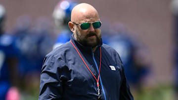 May 10, 2025; East Rutherford, NJ, USA; New York Giants head coach Brian Daboll looks on during rookie minicamp at Quest Diagnostics Training Center. Mandatory Credit: John Jones-Imagn Images