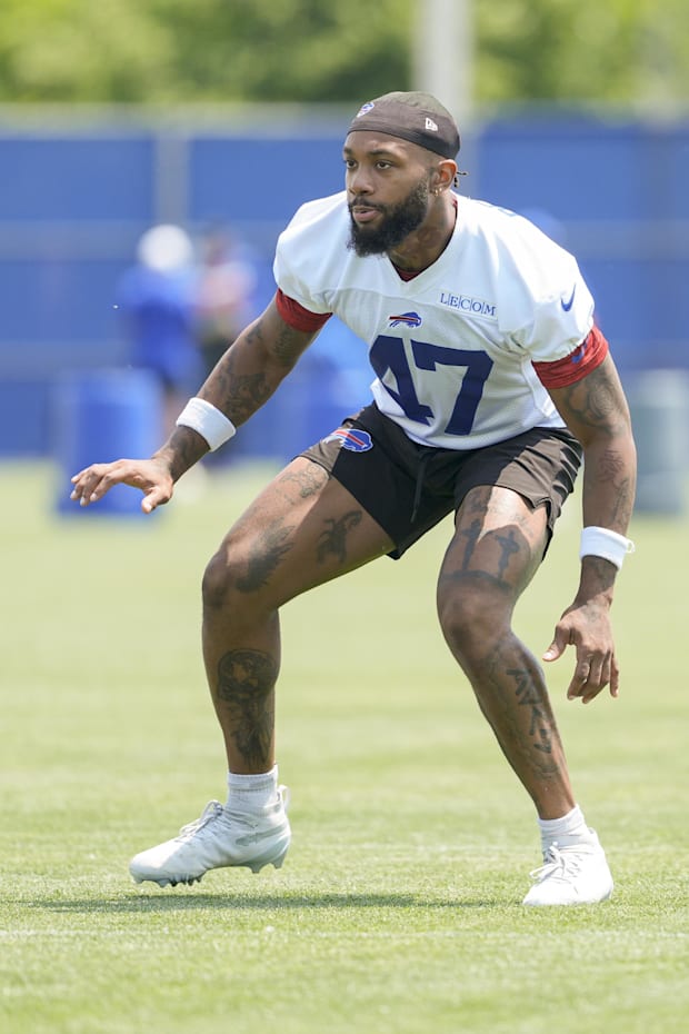 Buffalo Bills cornerback Christian Benford participates in drills during Minicamp at Highmark Stadium
