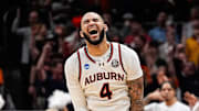 Auburn forward Johni Broome (4) celebrates a play against Michigan State during the second half of the Elite Eight round of NCAA tournament at State Farm Arena in Atlanta, Ga. on Sunday, March 30, 2025.