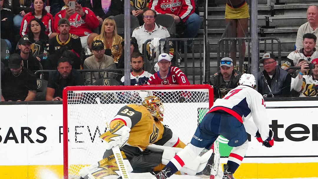 Mar 28, 2026; Las Vegas, Nevada, USA; Washington Capitals center Dylan Strome (17) scores against Vegas Golden Knights goaltender Adin Hill (33) during a shoot-out at T-Mobile Arena. Mandatory Credit: Stephen R. Sylvanie-Imagn Images Mar 28, 2026; Las Vegas, Nevada, USA; Washington Capitals center Dylan Strome (17) scores against Vegas Golden Knights goaltender Adin Hill (33) during a shoot-out at T-Mobile Arena. Mandatory Credit: Stephen R. Sylvanie-Imagn Images