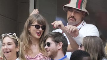 Recording artist Taylor Swift and Kansas City Chiefs tight end Travis Kelce talk during the men’s singles final of the 2024 U.S. Open tennis tournament.