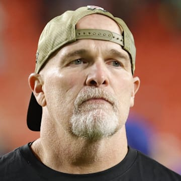 Nov 2, 2025; Landover, Maryland, USA; Washington Commanders head coach Dan Quinn walks off the field after the loss to Seattle Seahawks at Northwest Stadium. Mandatory Credit: Amber Searls-Imagn Images