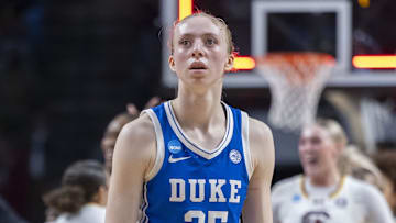 Mar 30, 2025; Birmingham, AL, USA; Duke Blue Devils forward Toby Fournier (35) looks into the distance as she walks off the floor after the South Carolina Gamecocks defeated the Duke Blue Devils at an Elite 8 NCAA Tournament basketball game at Legacy Arena. Mandatory Credit: Vasha Hunt-Imagn Images