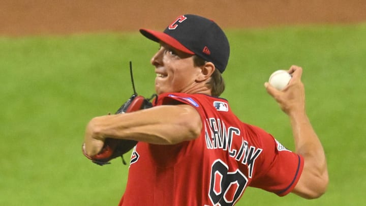 Aug 19, 2023; Cleveland, Ohio, USA; Cleveland Guardians relief pitcher James Karinchak (99) delivers a pitch in the ninth inning against the Detroit Tigers at Progressive Field. Mandatory Credit: David Richard-Imagn Images