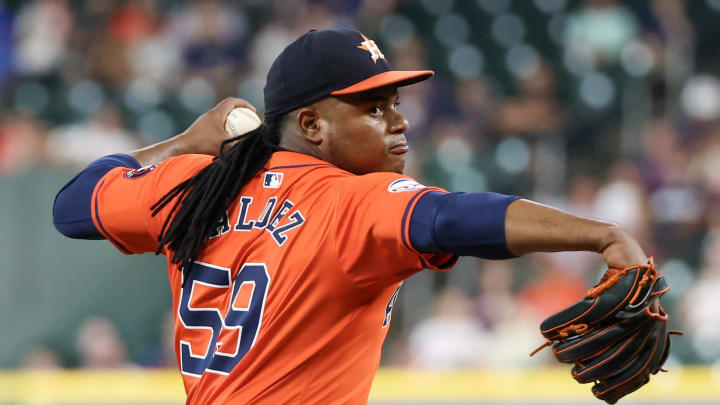 Houston Astros starting pitcher Framber Valdez (59) pitches against the Kansas City Royals in the first inning at Minute Maid Park on Aug 30.