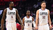 Mar 26, 2017; Los Angeles, CA, USA;  Los Angeles Clippers center DeAndre Jordan (6), guard Chris Paul (3) and forward Blake Griffin (32) come off the bench in the fourth quarter of the game against the Sacramento Kings at Staples Center. Kings won 98-97. Mandatory Credit: Jayne Kamin-Oncea-Imagn Images