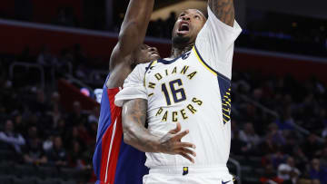 Mar 11, 2023; Detroit, Michigan, USA;  Indiana Pacers forward James Johnson (16) shoots the ball against Detroit Pistons center Jalen Duren (0) in the second half at Little Caesars Arena. Mandatory Credit: Rick Osentoski-USA TODAY Sports