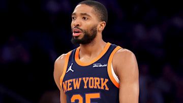 Feb 26, 2025; New York, New York, USA; New York Knicks forward Mikal Bridges (25) reacts after a shot against the Philadelphia 76ers during the first quarter at Madison Square Garden. Mandatory Credit: Brad Penner-Imagn Images